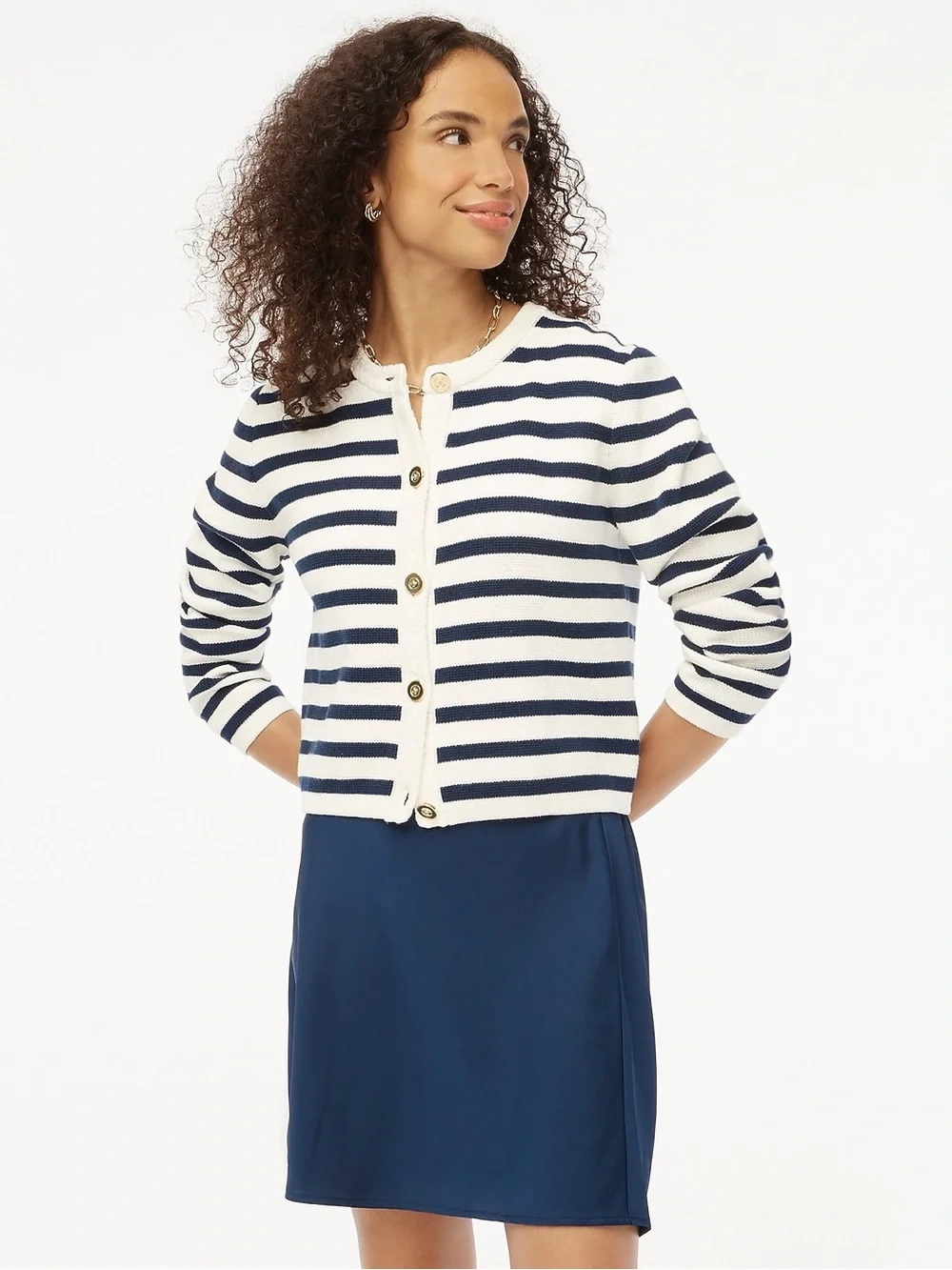 J. Crew Navy and White Striped Button Cardigan